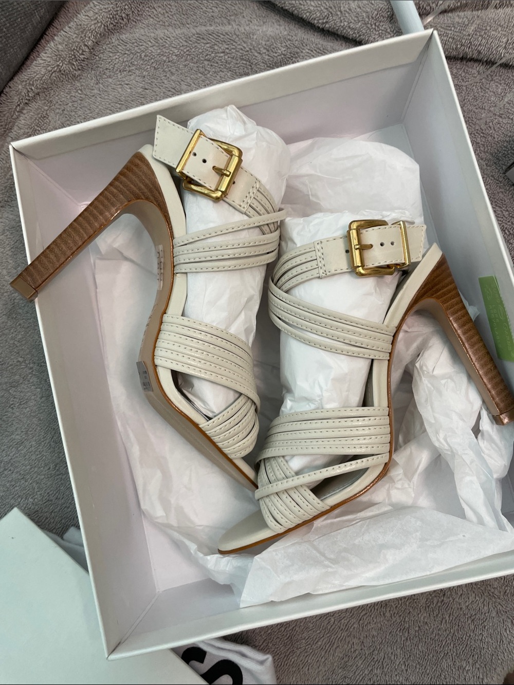 SCHUTZ Ivory Leather Strappy High Heel Sandals with Buckle - Picture 6 of 9